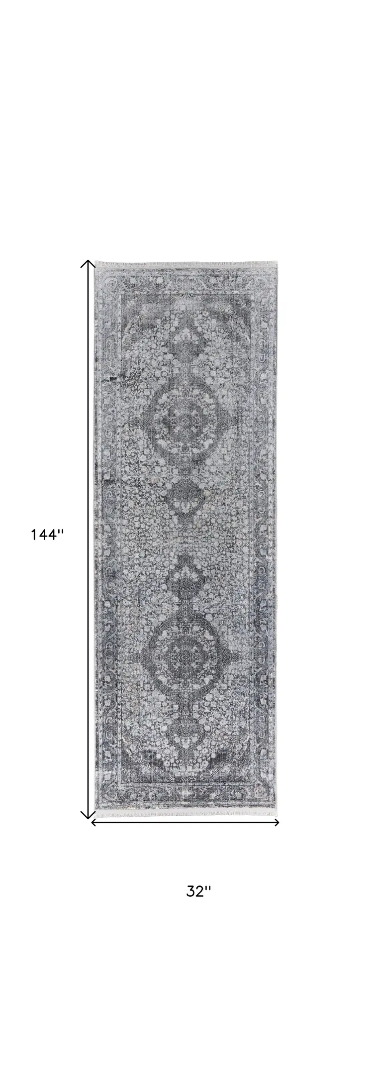 12' Gray and Silver Oriental Power Loom Worn Faded Runner Rug