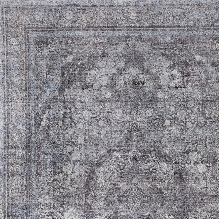 12' X 15' Gray and Silver Oriental Power Loom Worn Faded Area Rug