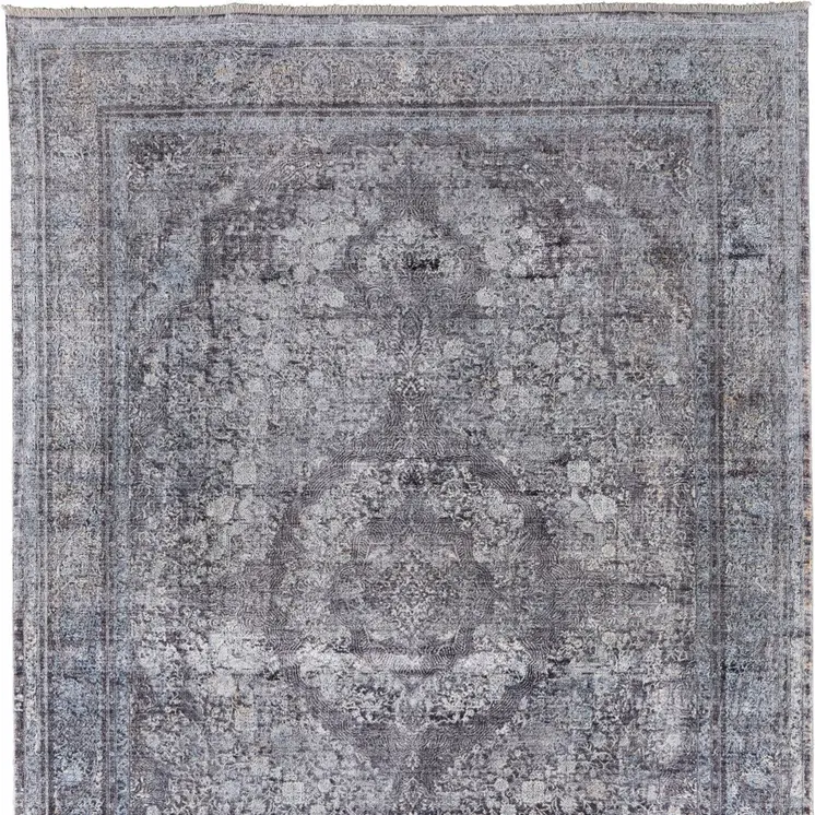 12' X 15' Gray and Silver Oriental Power Loom Worn Faded Area Rug