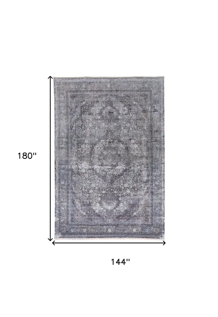 12' X 15' Gray and Silver Oriental Power Loom Worn Faded Area Rug
