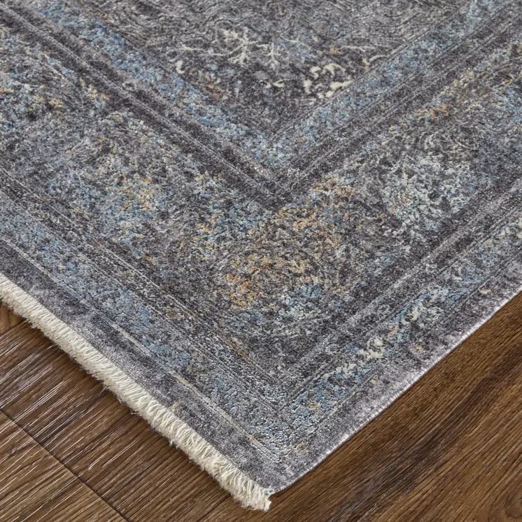 2' X 3' Gray and Silver Oriental Power Loom Worn Faded Area Rug