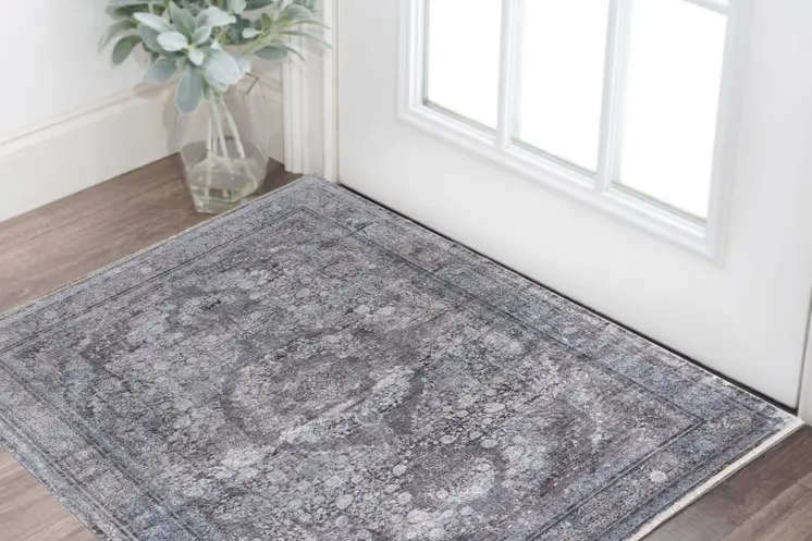 2' X 3' Gray and Silver Oriental Power Loom Worn Faded Area Rug