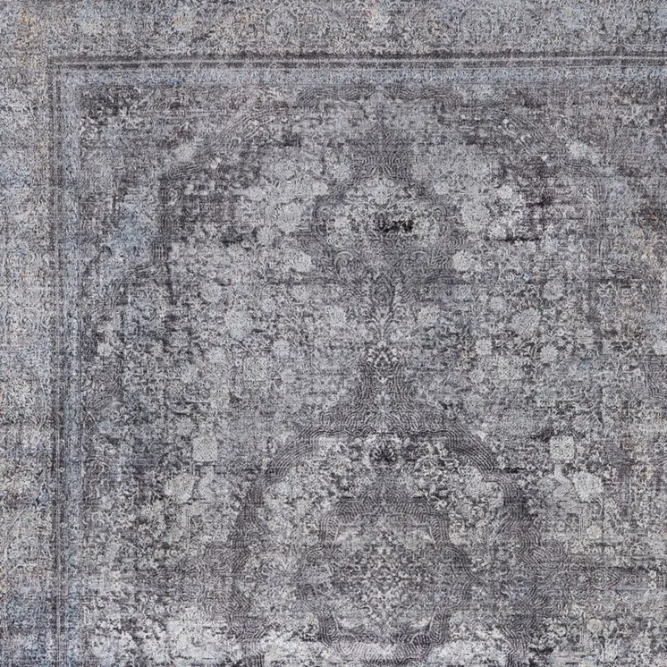 2' X 3' Gray and Silver Oriental Power Loom Worn Faded Area Rug