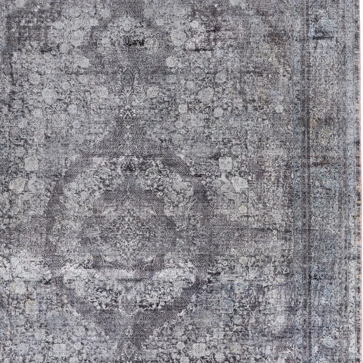 2' X 3' Gray and Silver Oriental Power Loom Worn Faded Area Rug