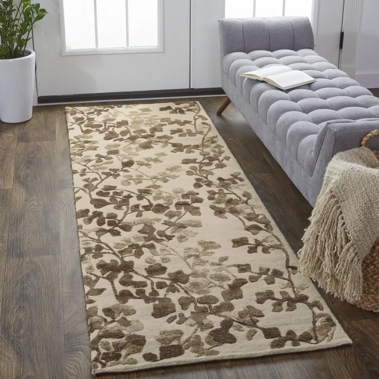 8' Taupe and Brown Floral Hand Tufted Runner Rug
