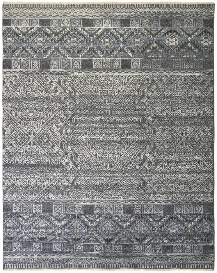 6' X 9' Gray And Ivory Geometric Hand Knotted Area Rug