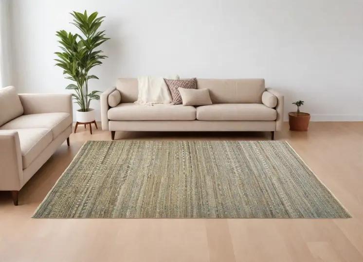 6' X 9' Gold and Tan Geometric Hand Knotted Worn Faded Area Rug