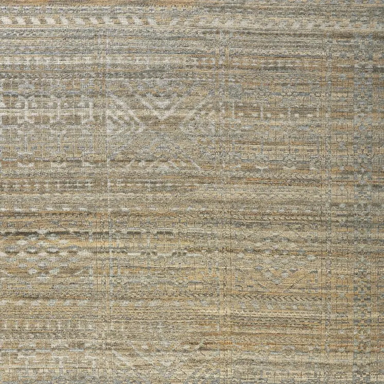 6' X 9' Gold and Tan Geometric Hand Knotted Worn Faded Area Rug