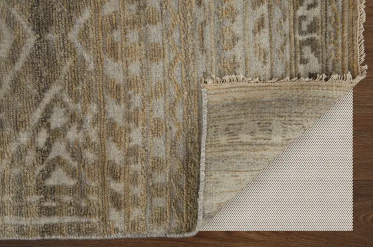 8' X 10' Gold and Tan Geometric Hand Knotted Worn Faded Area Rug