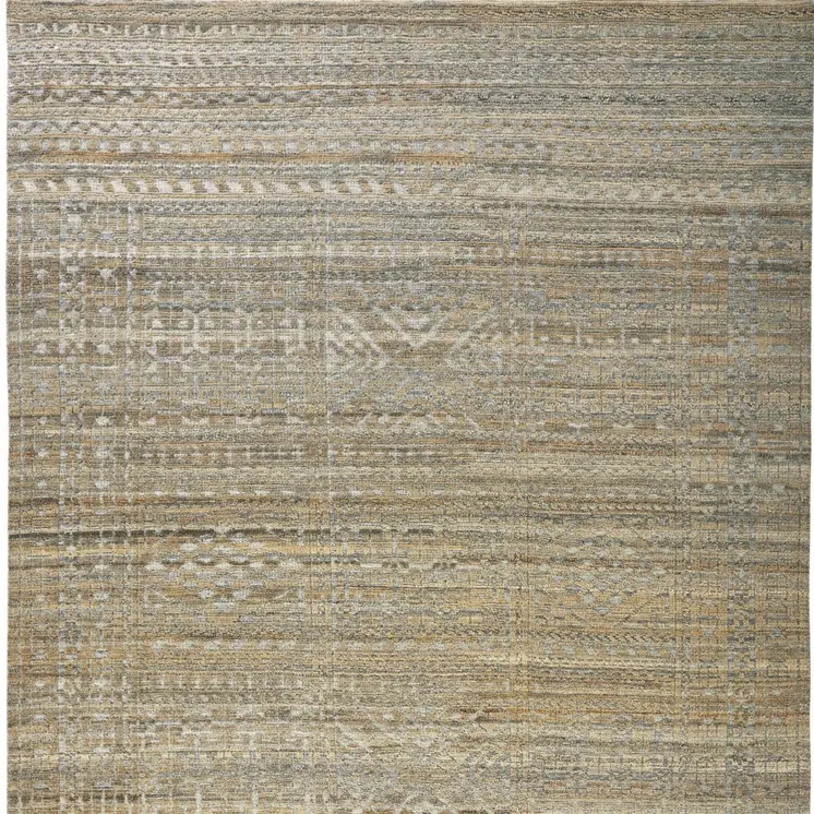 8' X 10' Gold and Tan Geometric Hand Knotted Worn Faded Area Rug