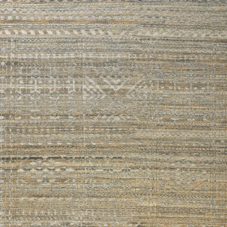 8' X 10' Gold and Tan Geometric Hand Knotted Worn Faded Area Rug