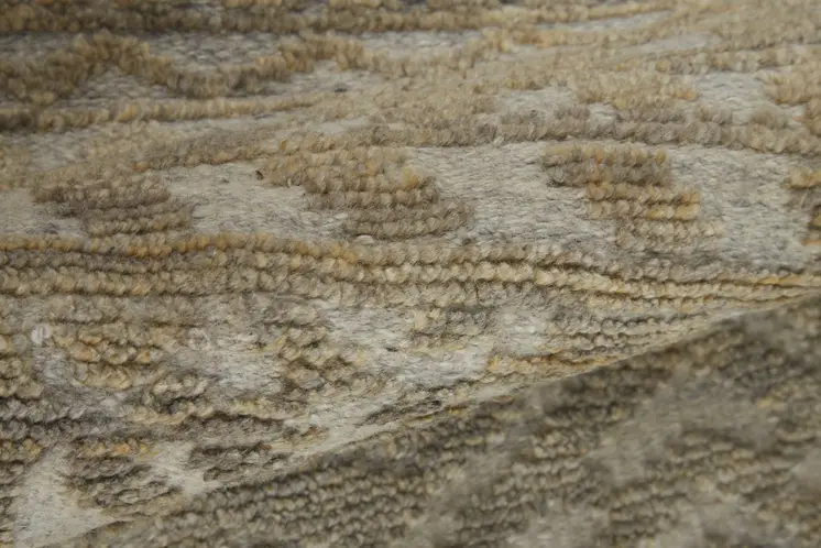 8' Gold and Tan Geometric Hand Knotted Worn Faded Runner Rug
