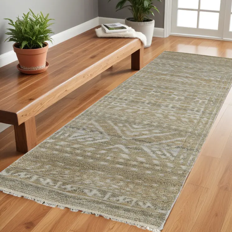 8' Gold and Tan Geometric Hand Knotted Worn Faded Runner Rug