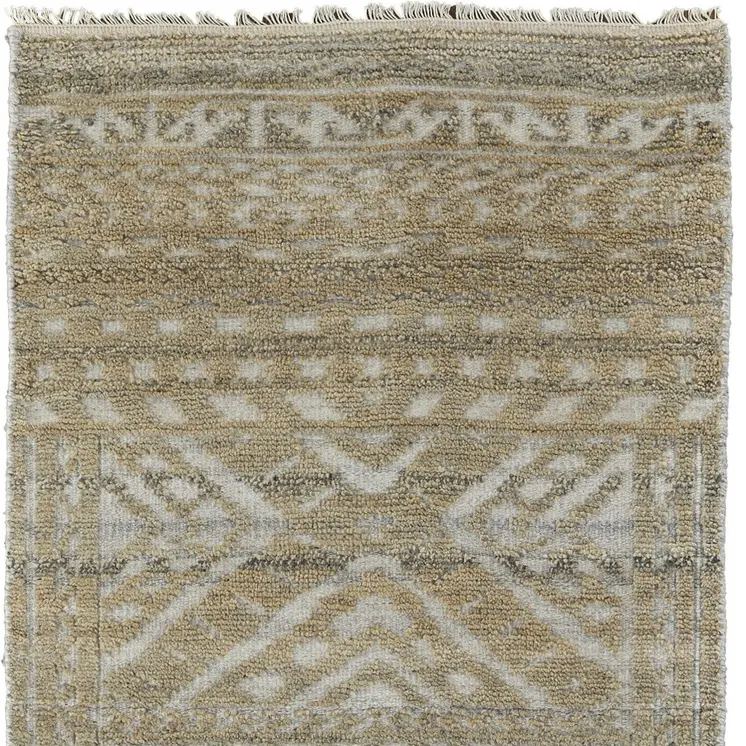 8' Gold and Tan Geometric Hand Knotted Worn Faded Runner Rug