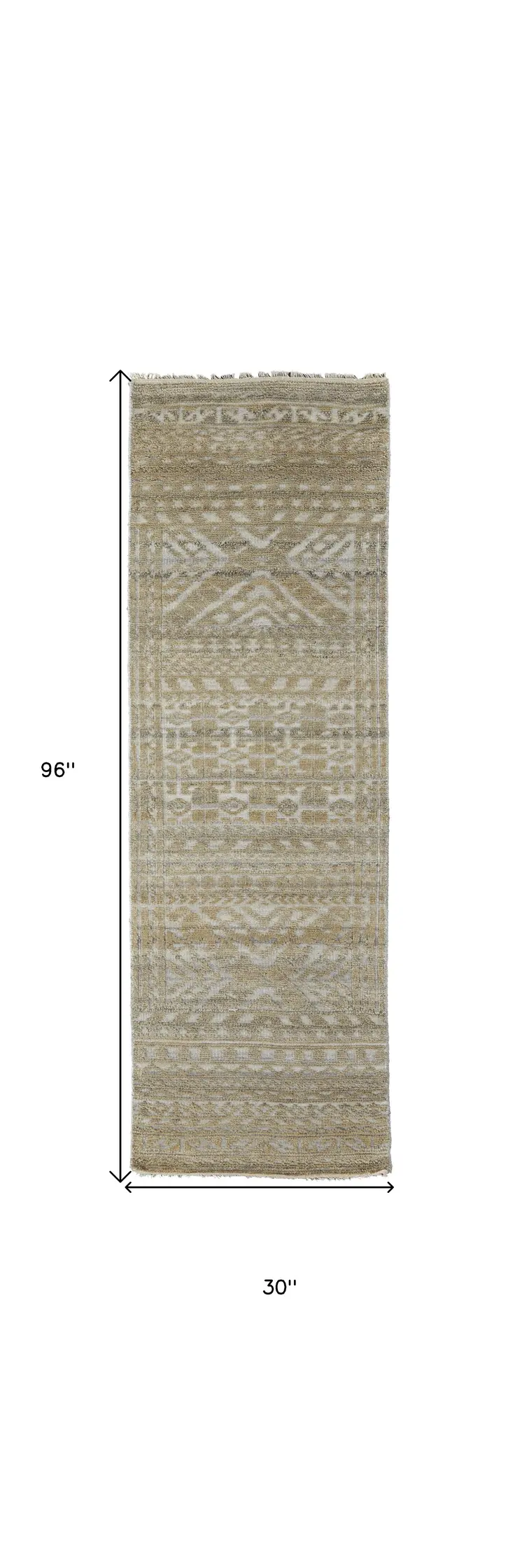 8' Gold and Tan Geometric Hand Knotted Worn Faded Runner Rug