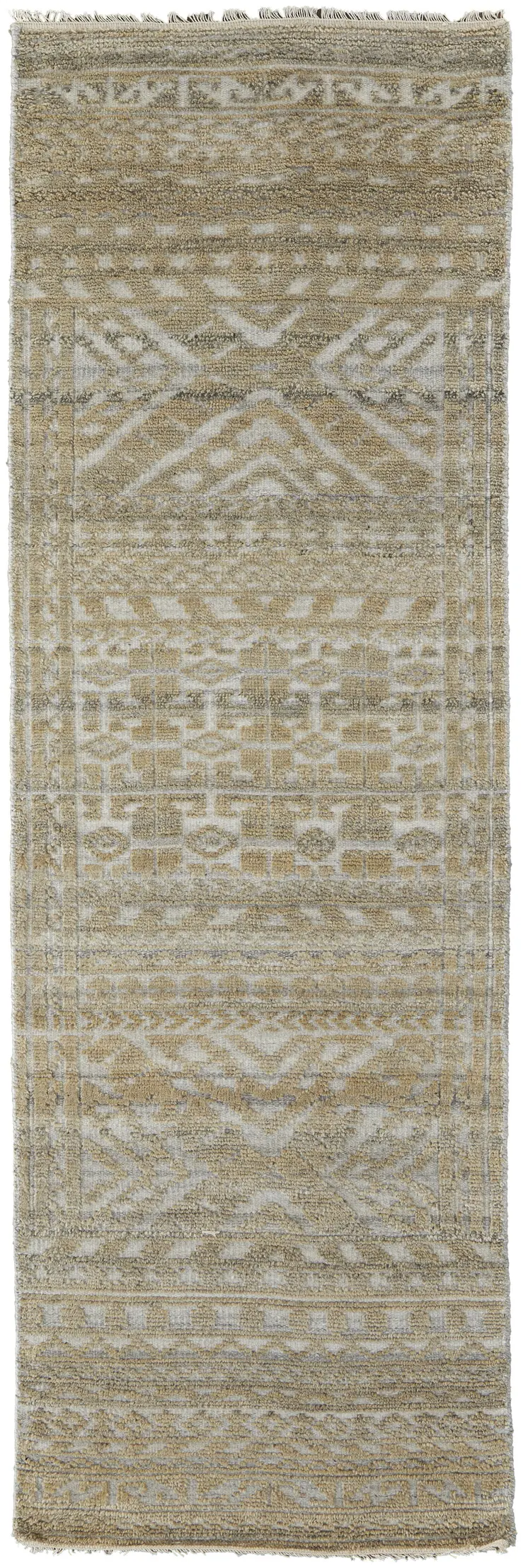 8' Gold and Tan Geometric Hand Knotted Worn Faded Runner Rug