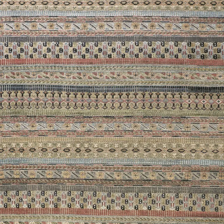 4' X 6' Tan Blue and Orange Striped Hand Knotted Area Rug