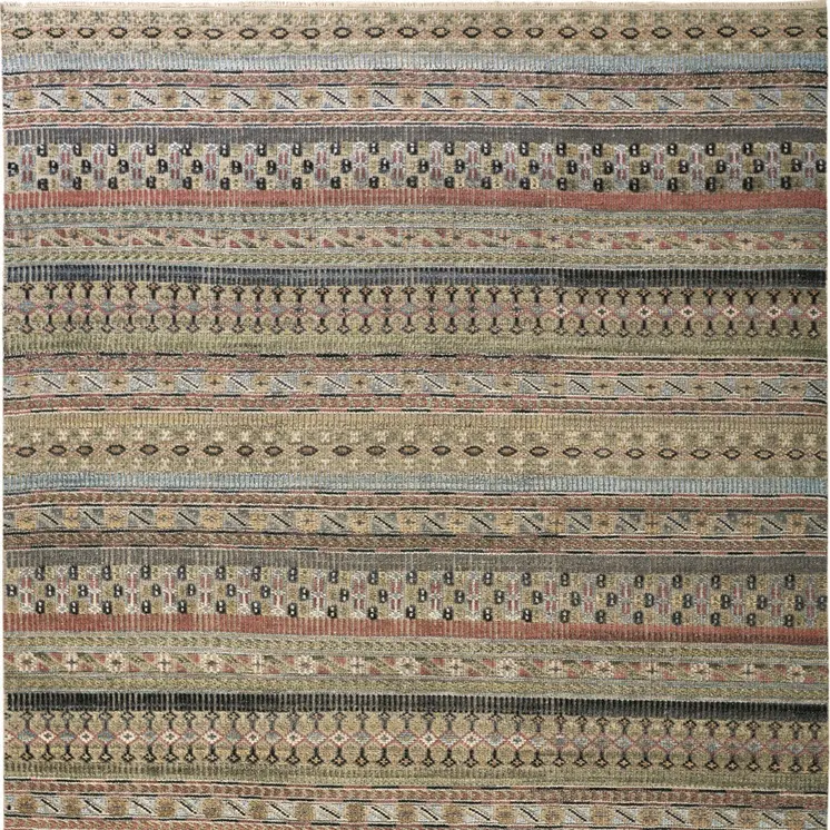 6' X 9' Tan Blue and Orange Striped Hand Knotted Area Rug