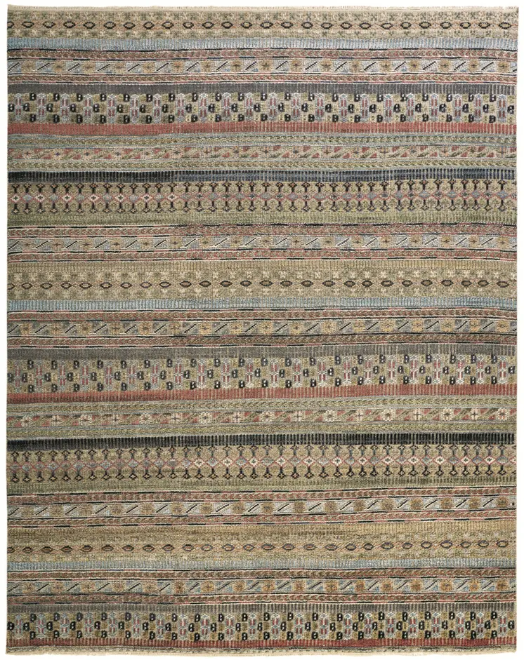 6' X 9' Tan Blue and Orange Striped Hand Knotted Area Rug