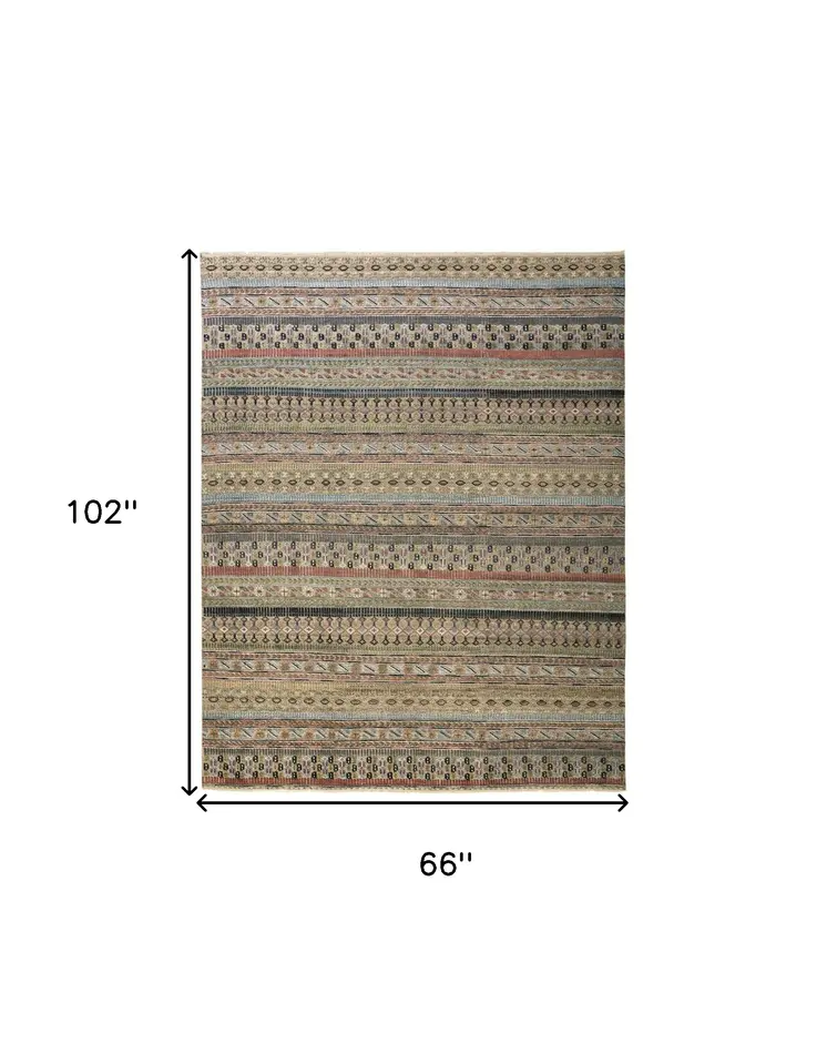 6' X 9' Tan Blue and Orange Striped Hand Knotted Area Rug