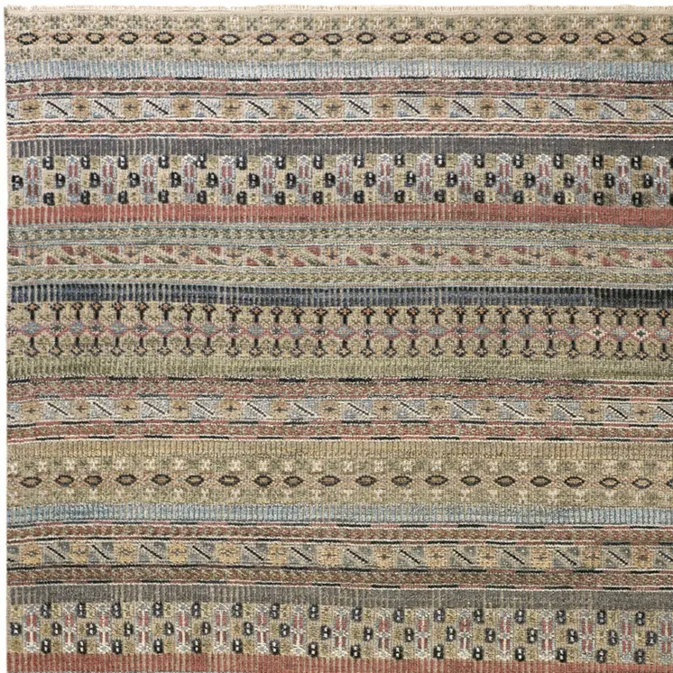 8' X 10' Tan Blue and Orange Striped Hand Knotted Area Rug