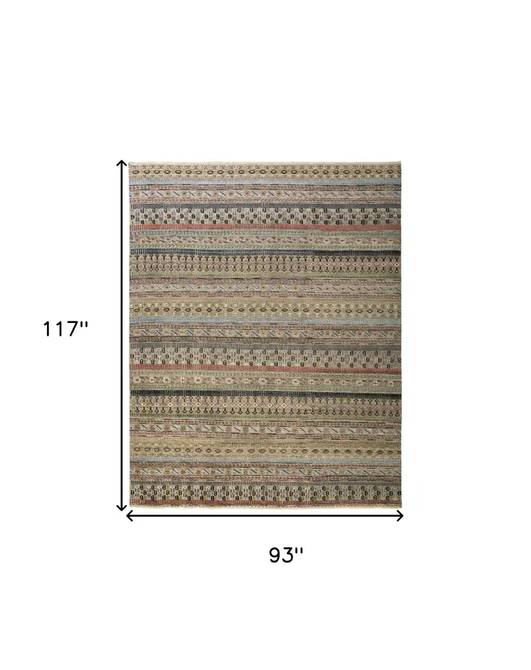 8' X 10' Tan Blue and Orange Striped Hand Knotted Area Rug