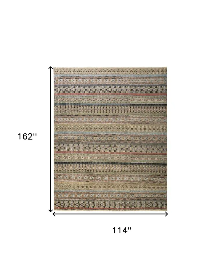 9' X 13' Tan Blue and Orange Striped Hand Knotted Area Rug