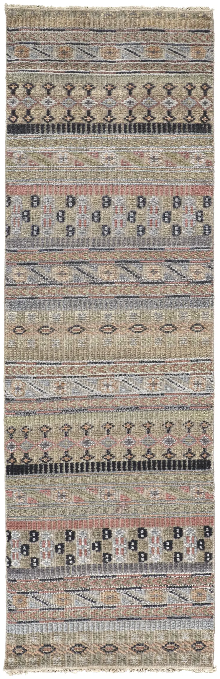 10' Tan Blue and Orange Striped Hand Knotted Runner Rug