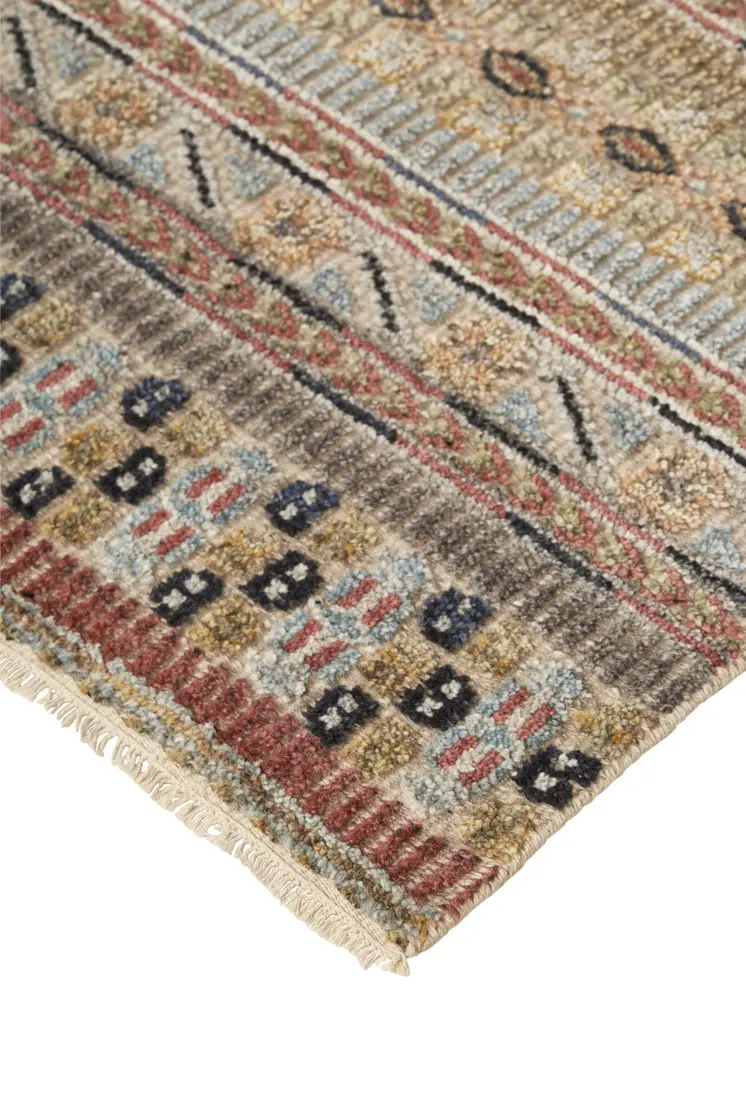 8' Tan Blue and Orange Striped Hand Knotted Runner Rug