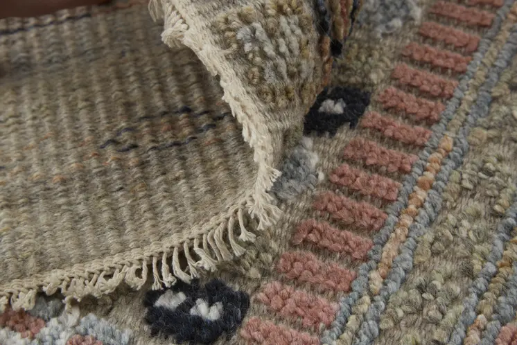8' Tan Blue and Orange Striped Hand Knotted Runner Rug