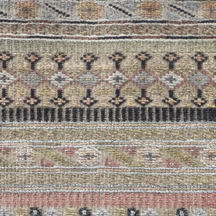 8' Tan Blue and Orange Striped Hand Knotted Runner Rug