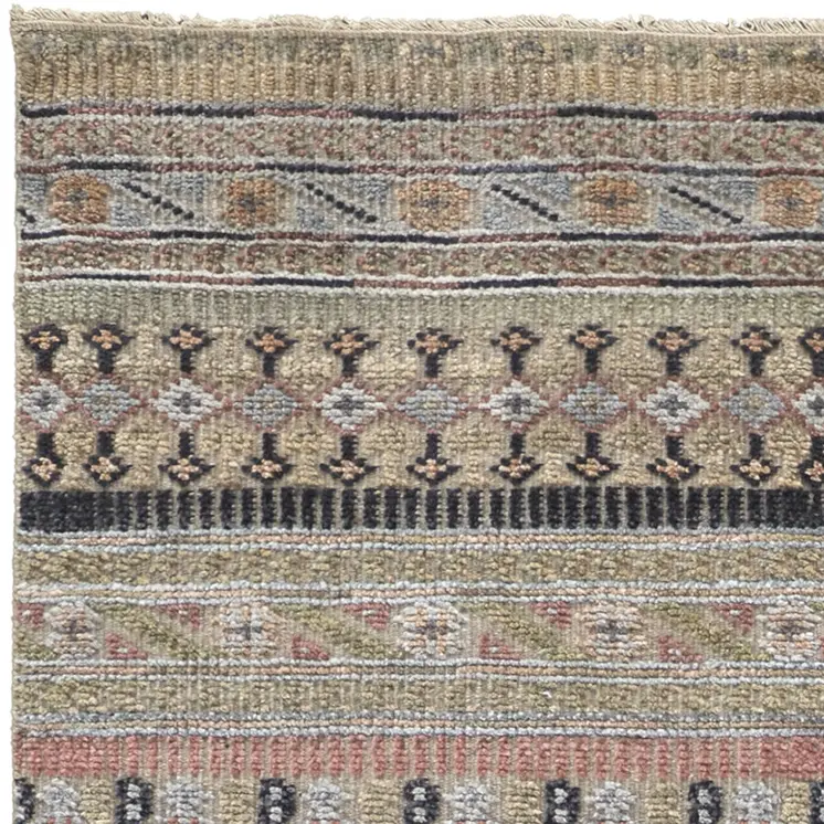 8' Tan Blue and Orange Striped Hand Knotted Runner Rug