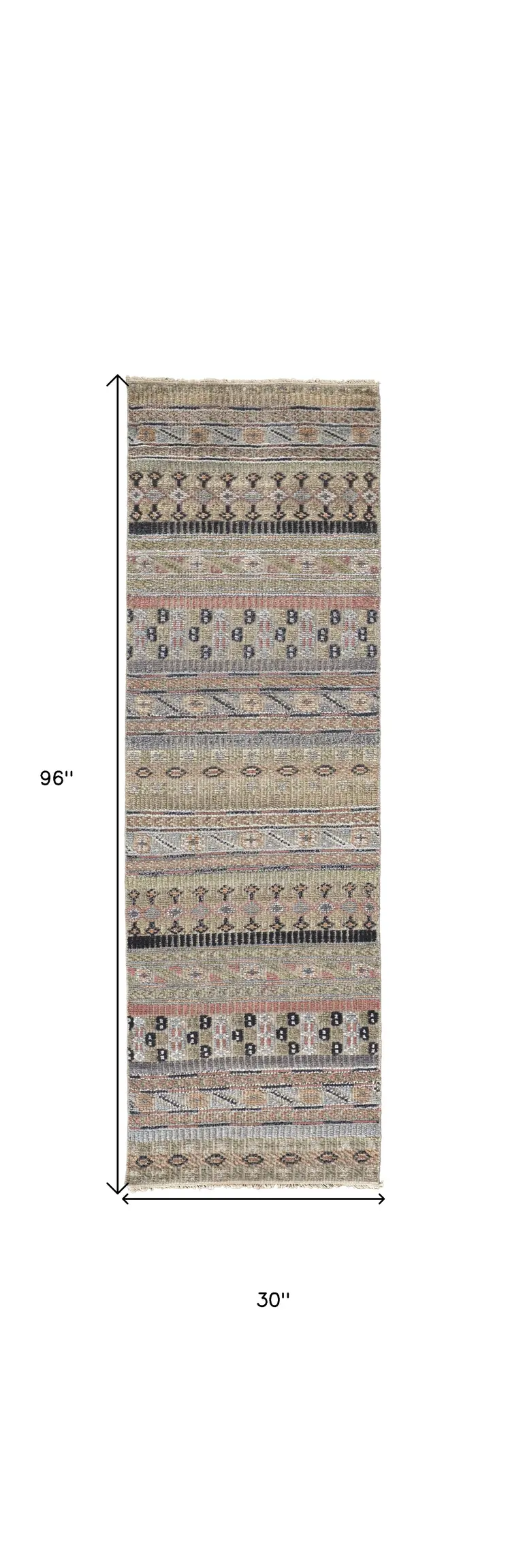 8' Tan Blue and Orange Striped Hand Knotted Runner Rug
