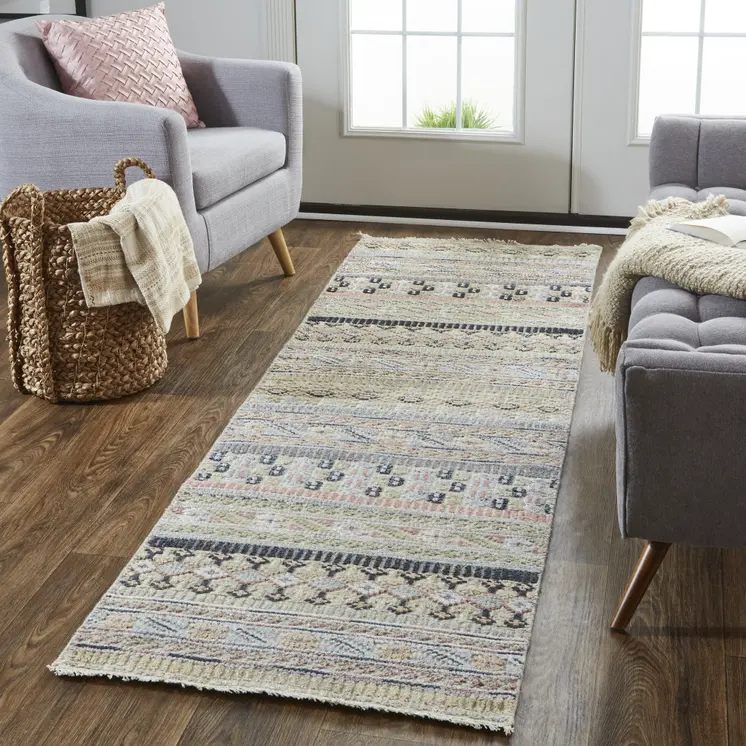 8' Tan Blue and Orange Striped Hand Knotted Runner Rug