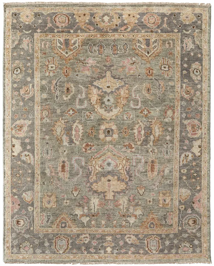 4' X 6' Gray and Gold Wool Oriental Hand Knotted Area Rug With Fringe