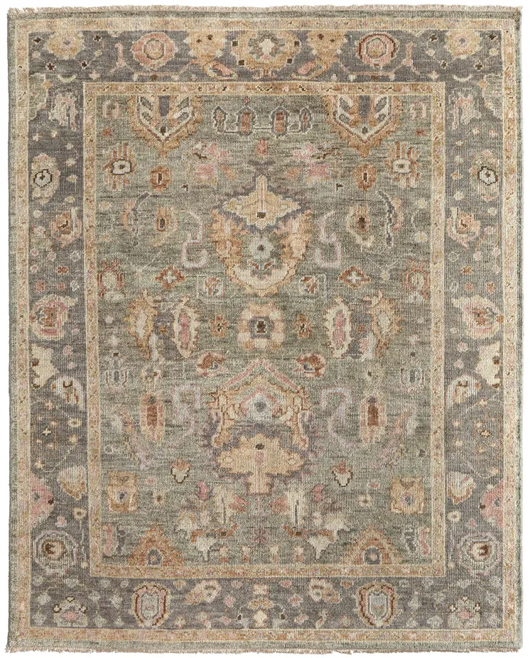 4' X 6' Gray and Gold Wool Oriental Hand Knotted Area Rug With Fringe