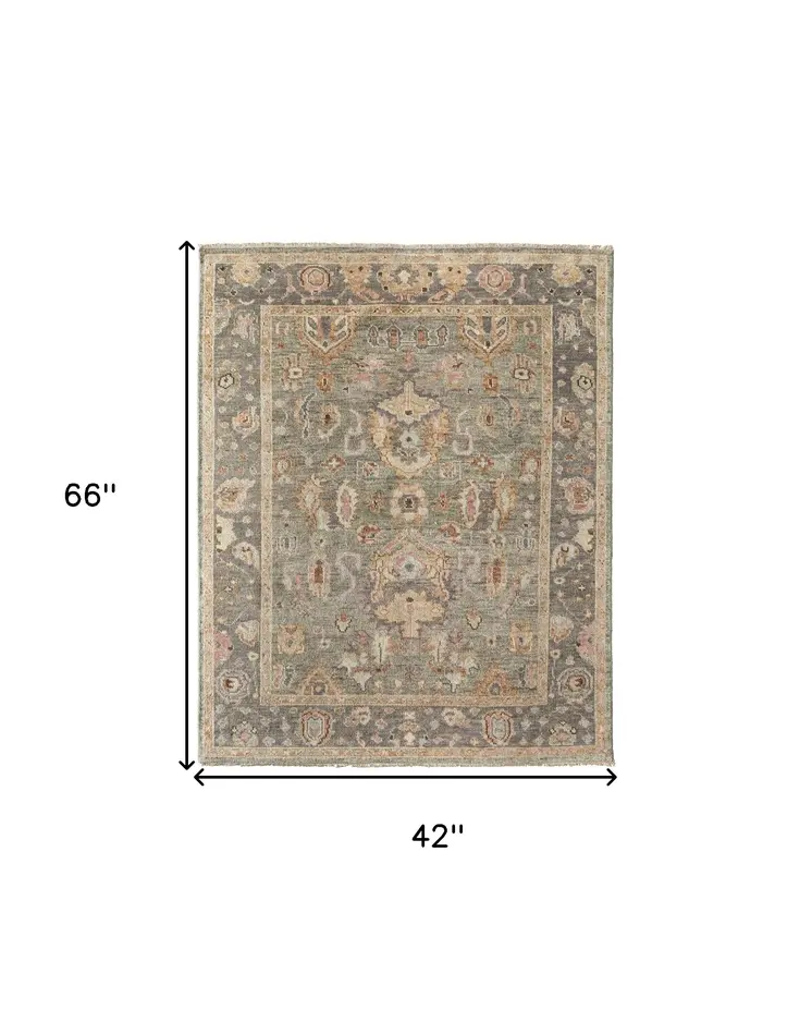 4' X 6' Gray and Gold Wool Oriental Hand Knotted Area Rug With Fringe