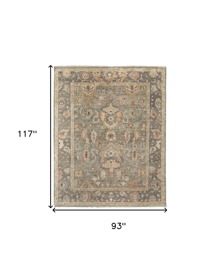 8' X 10' Gray and Gold Wool Oriental Hand Knotted Area Rug With Fringe