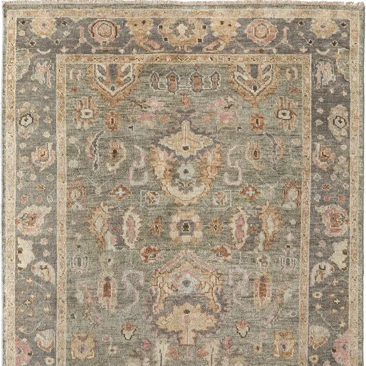 9' X 13' Gray and Gold Wool Oriental Hand Knotted Area Rug With Fringe