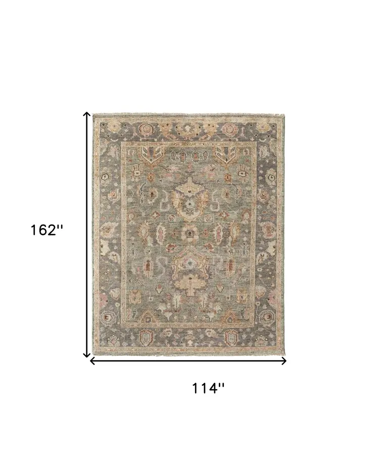 9' X 13' Gray and Gold Wool Oriental Hand Knotted Area Rug With Fringe