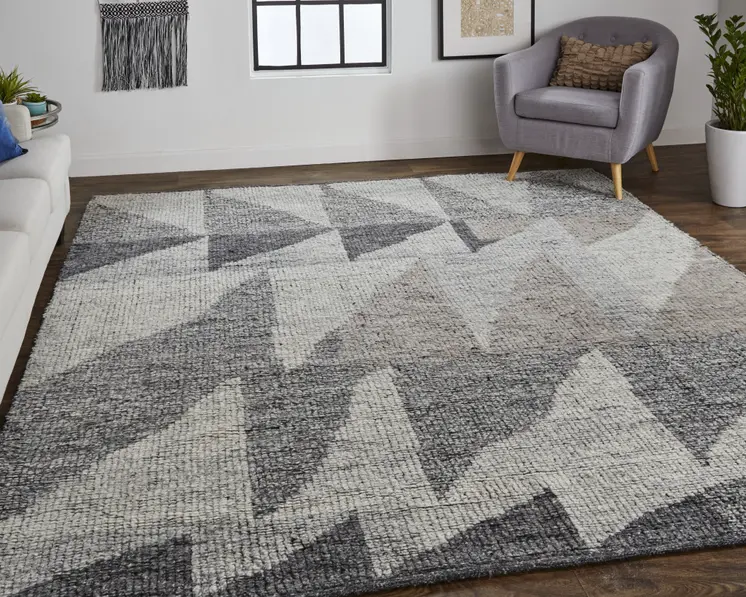 8' X 12' Gray and Ivory Wool Geometric Hand Knotted Area Rug