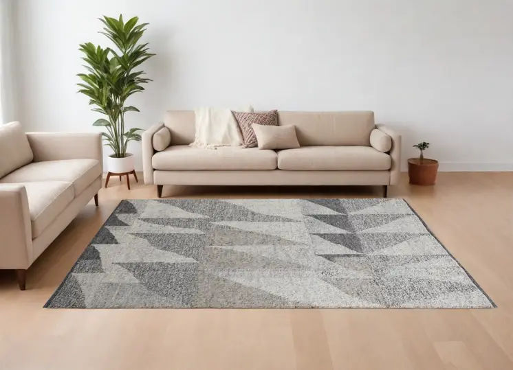 8' X 12' Gray and Ivory Wool Geometric Hand Knotted Area Rug