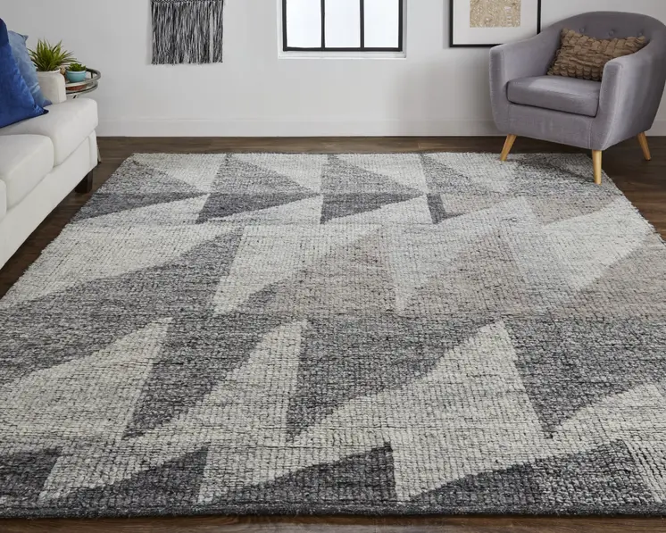8' X 12' Gray and Ivory Wool Geometric Hand Knotted Area Rug