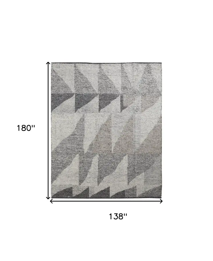 12' X 15' Gray and Ivory Wool Geometric Hand Knotted Area Rug