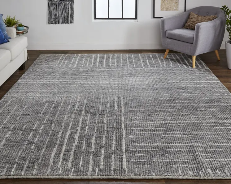 6' X 9' Gray and Ivory Wool Checkered Hand Knotted Worn Faded Area Rug