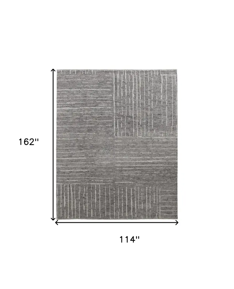 9' X 13' Gray and Ivory Wool Checkered Hand Knotted Worn Faded Area Rug