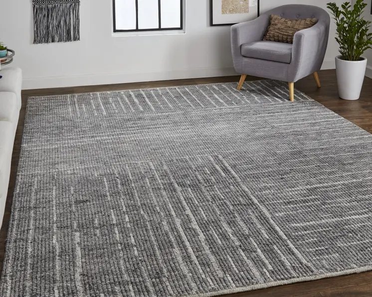 2' X 3' Gray and Ivory Wool Checkered Hand Knotted Worn Faded Area Rug