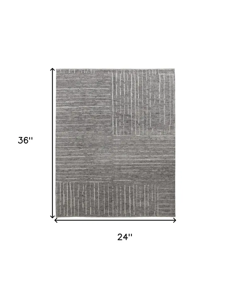 2' X 3' Gray and Ivory Wool Checkered Hand Knotted Worn Faded Area Rug