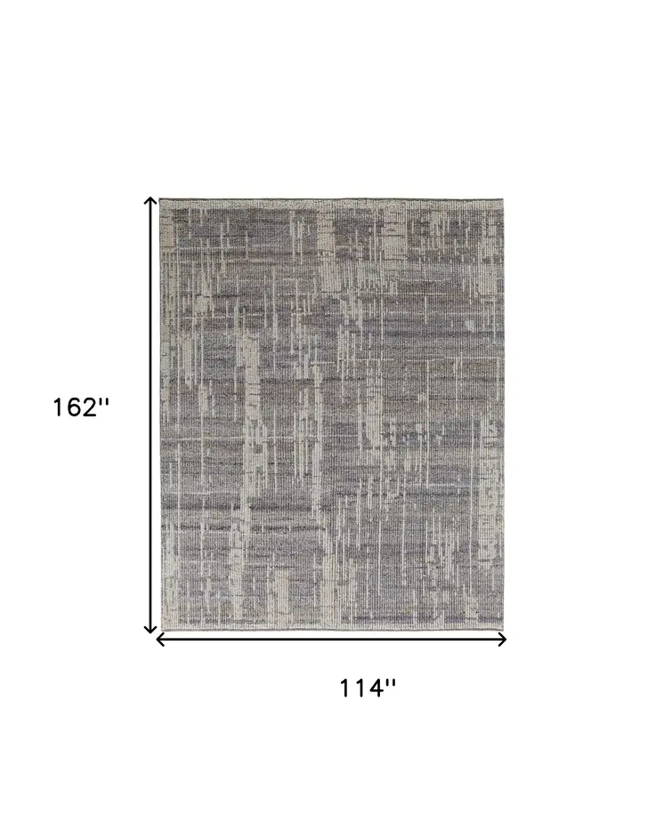 9' X 13' Gray and Ivory Wool Abstract Hand Knotted Worn Faded Area Rug