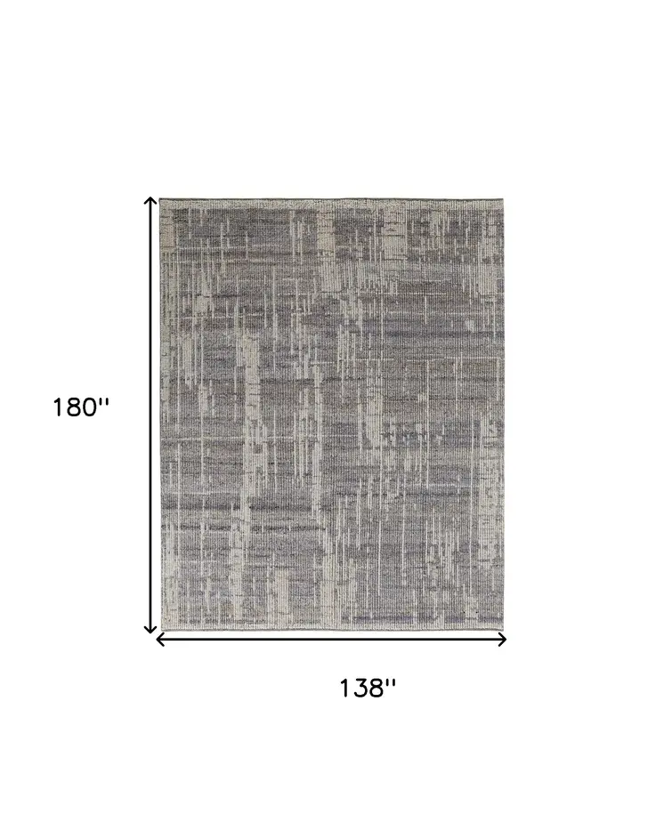 12' X 15' Gray and Ivory Wool Abstract Hand Knotted Worn Faded Area Rug
